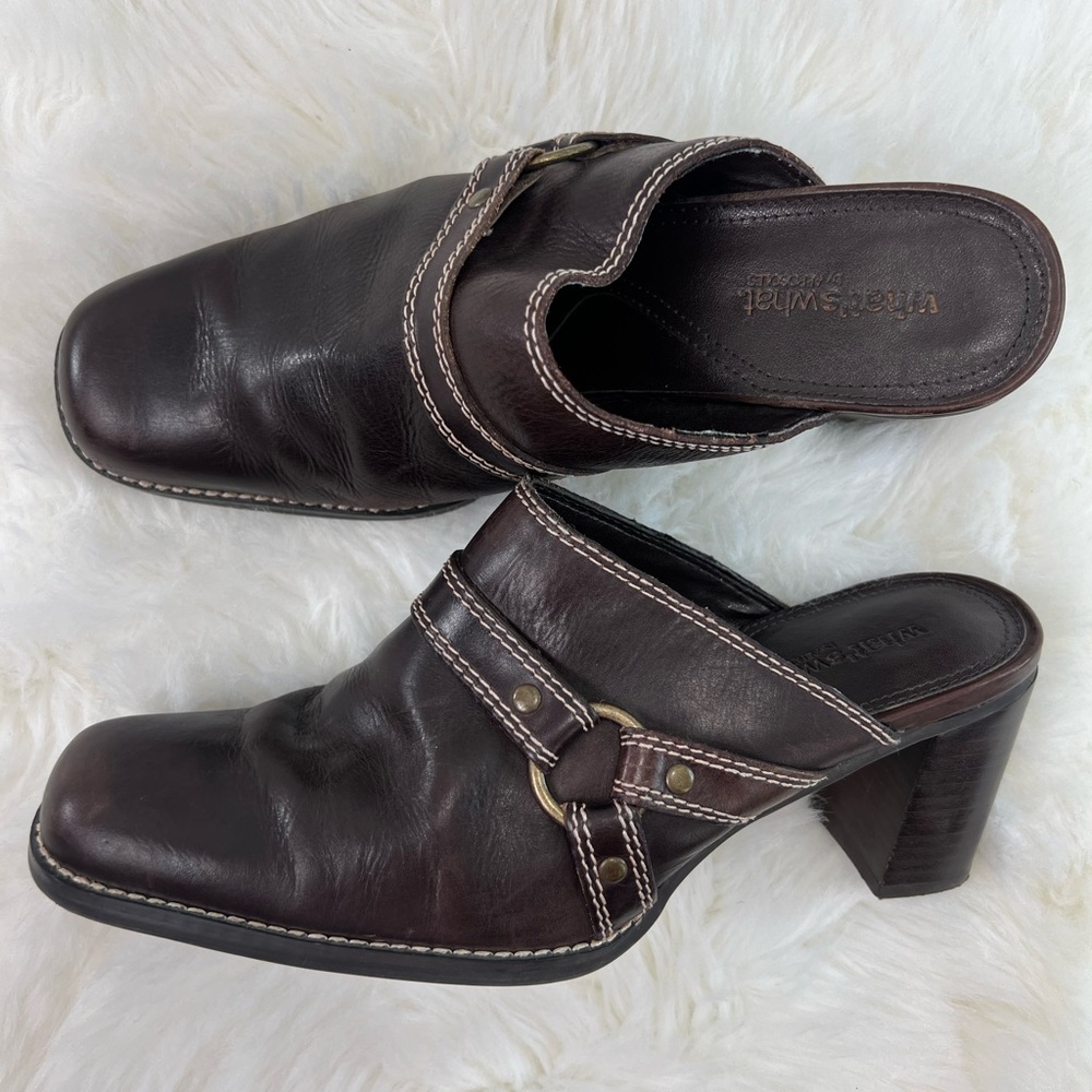 Womens Leather Brown Block Heels What's What by Aerosoles mules Clogs Size 7.5M - Picture 1 of 14